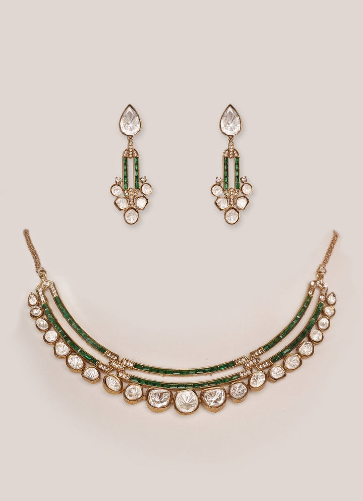 Gold Finish Moissanite And Green Stone Necklace Set Zevar by Geeta - Fabilicious Fashion