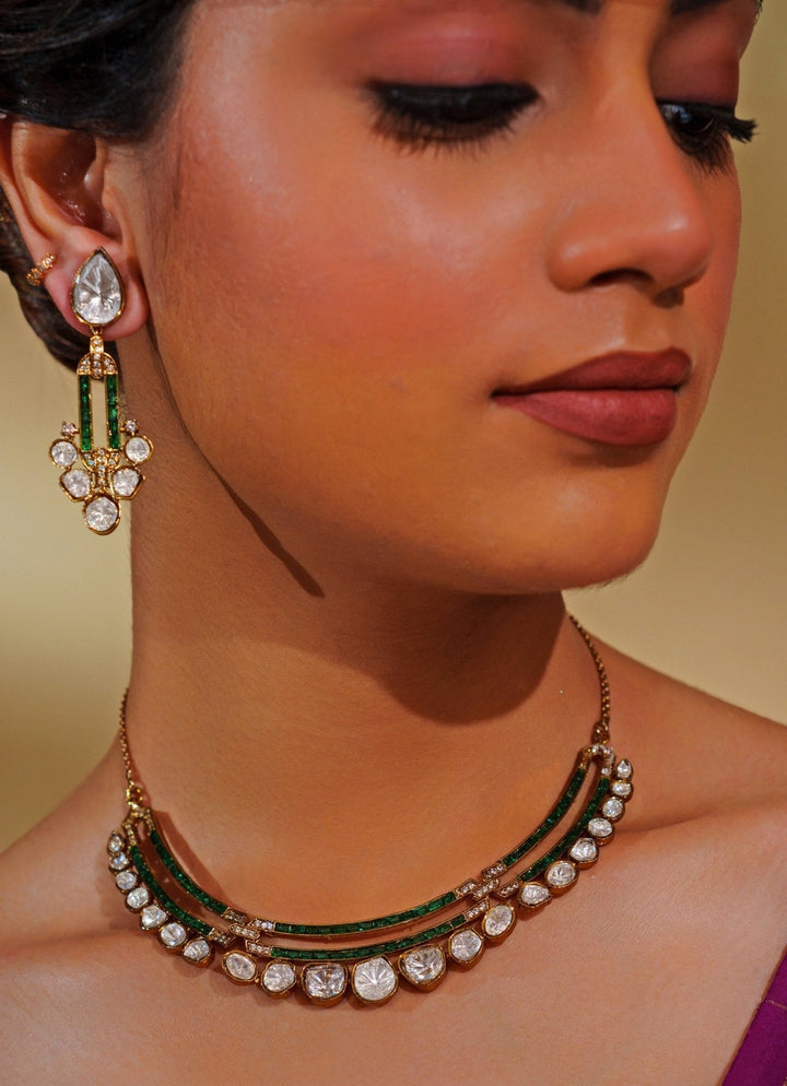 Gold Finish Moissanite And Green Stone Necklace Set Zevar by Geeta - Fabilicious Fashion