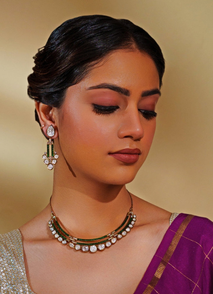 Gold Finish Moissanite And Green Stone Necklace Set Zevar by Geeta - Fabilicious Fashion