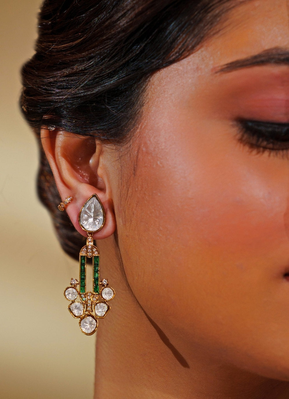 Gold Finish Moissanite And Green Stone Necklace Set Zevar by Geeta - Fabilicious Fashion
