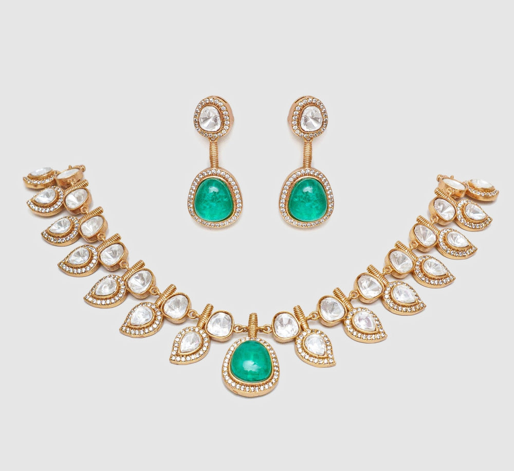 Gold Finish Moissanite And Green Stone Necklace Set Zevar By Geeta - Fabilicious Fashion