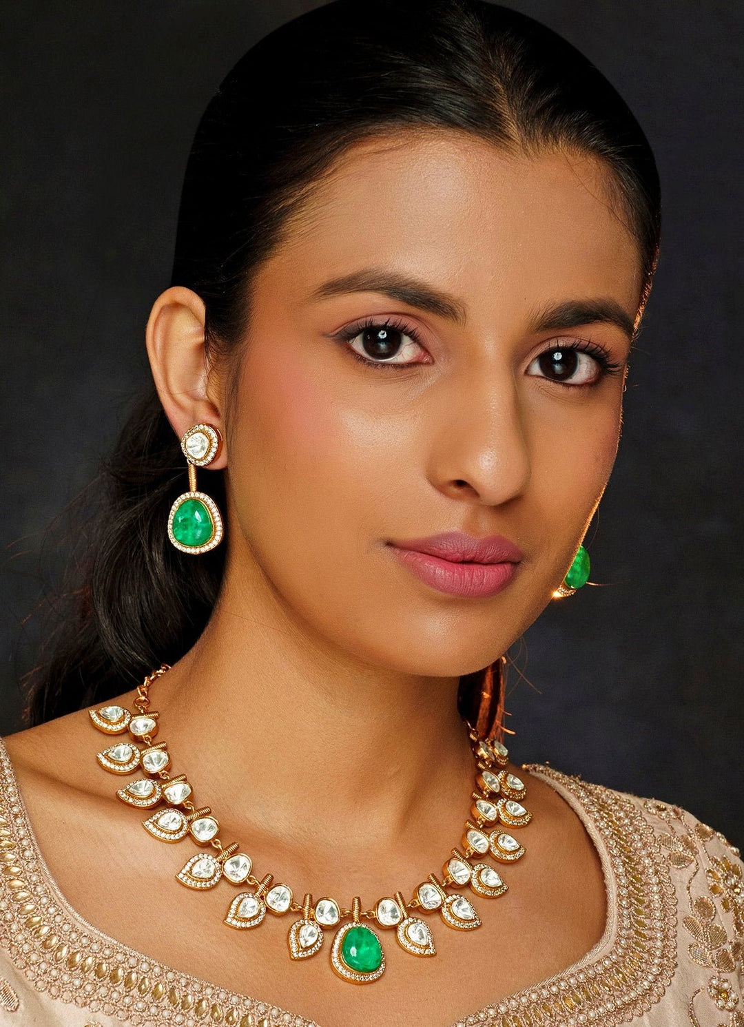 Gold Finish Moissanite And Green Stone Necklace Set Zevar By Geeta - Fabilicious Fashion
