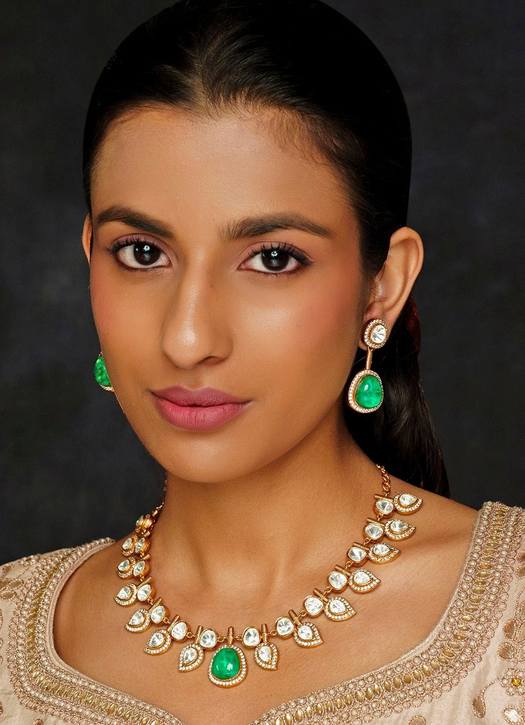 Gold Finish Moissanite And Green Stone Necklace Set Zevar By Geeta - Fabilicious Fashion