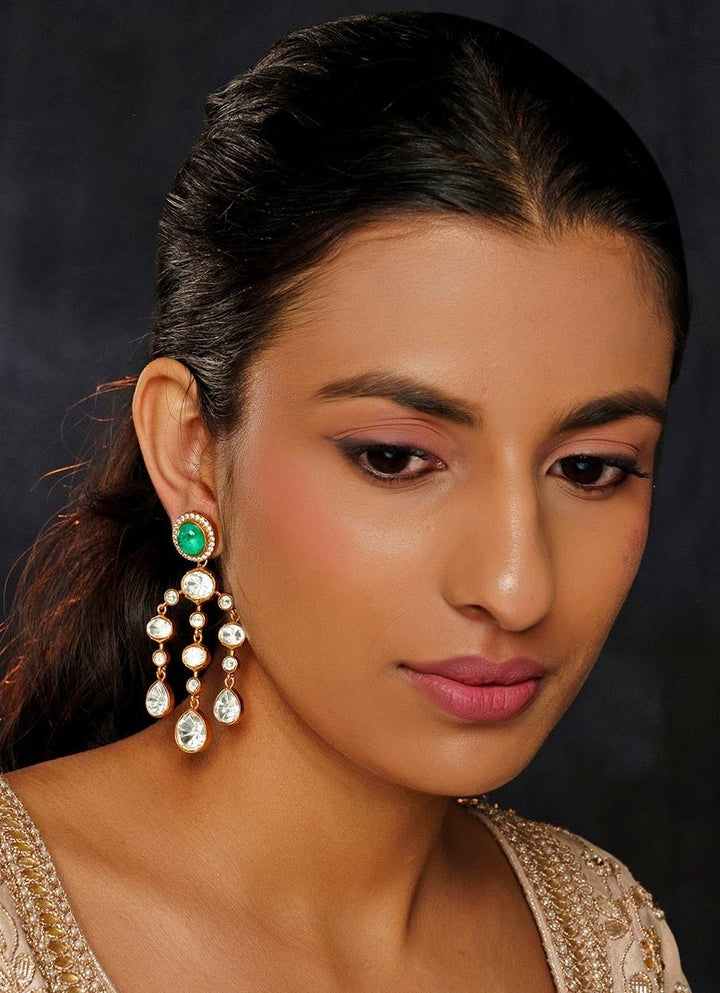 Gold Finish Moissanite And Green Stone String Earrings Zevar By Geeta - Fabilicious Fashion