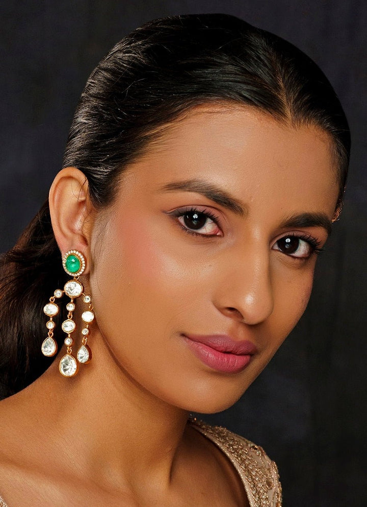Gold Finish Moissanite And Green Stone String Earrings Zevar By Geeta - Fabilicious Fashion