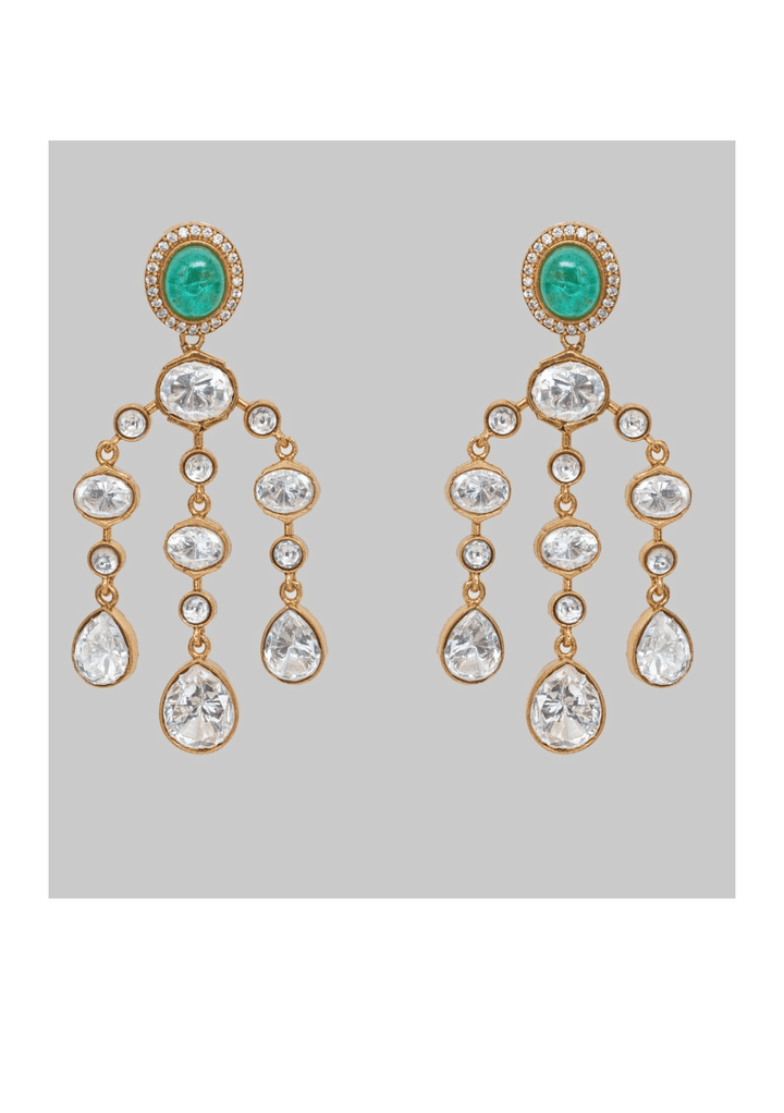 Gold Finish Moissanite And Green Stone String Earrings Zevar by Geeta - Fabilicious Fashion