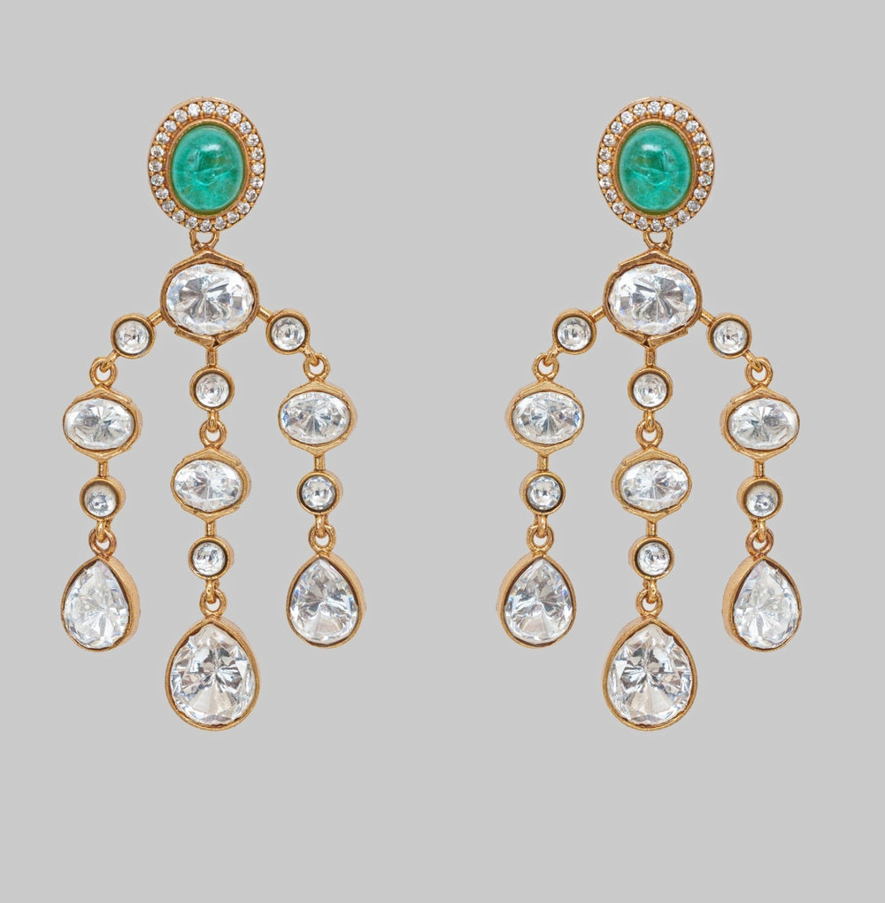 Gold Finish Moissanite And Green Stone String Earrings Zevar By Geeta - Fabilicious Fashion