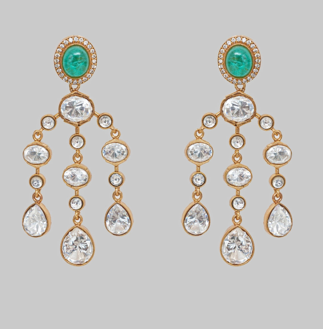 Gold Finish Moissanite And Green Stone String Earrings Zevar By Geeta - Fabilicious Fashion