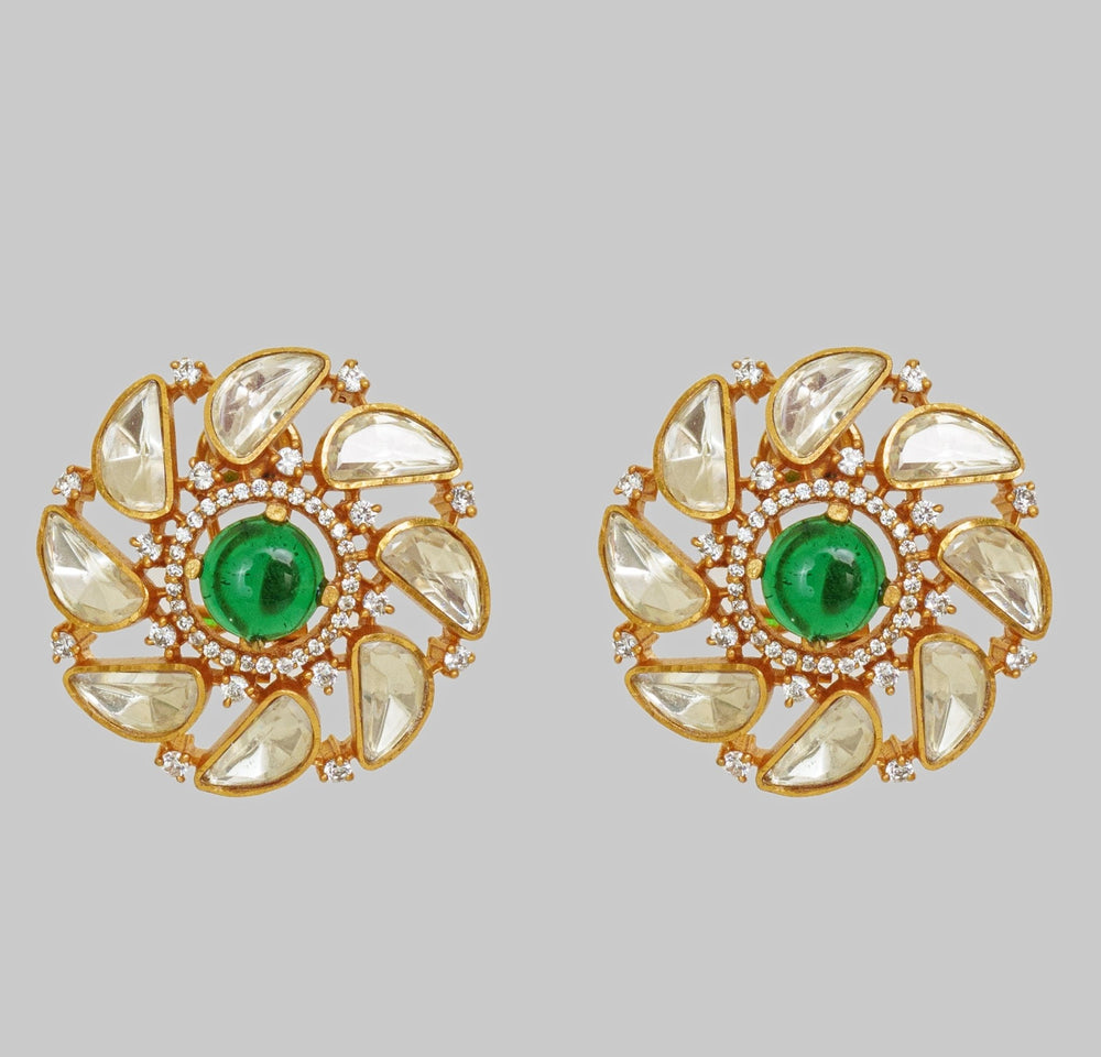 Gold Finish Moissanite And Green Stone Stud Earrings Zevar By Geeta - Fabilicious Fashion