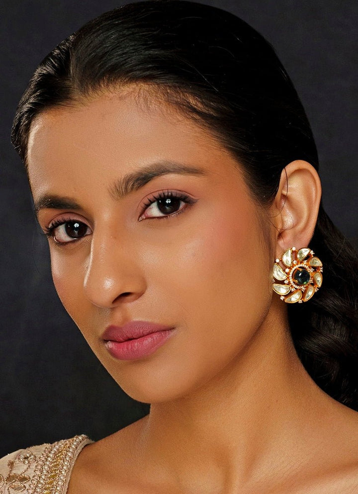 Gold Finish Moissanite And Green Stone Stud Earrings Zevar By Geeta - Fabilicious Fashion