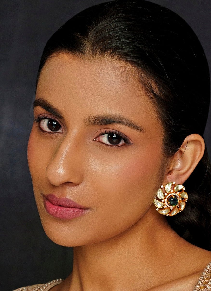 Gold Finish Moissanite And Green Stone Stud Earrings Zevar By Geeta - Fabilicious Fashion