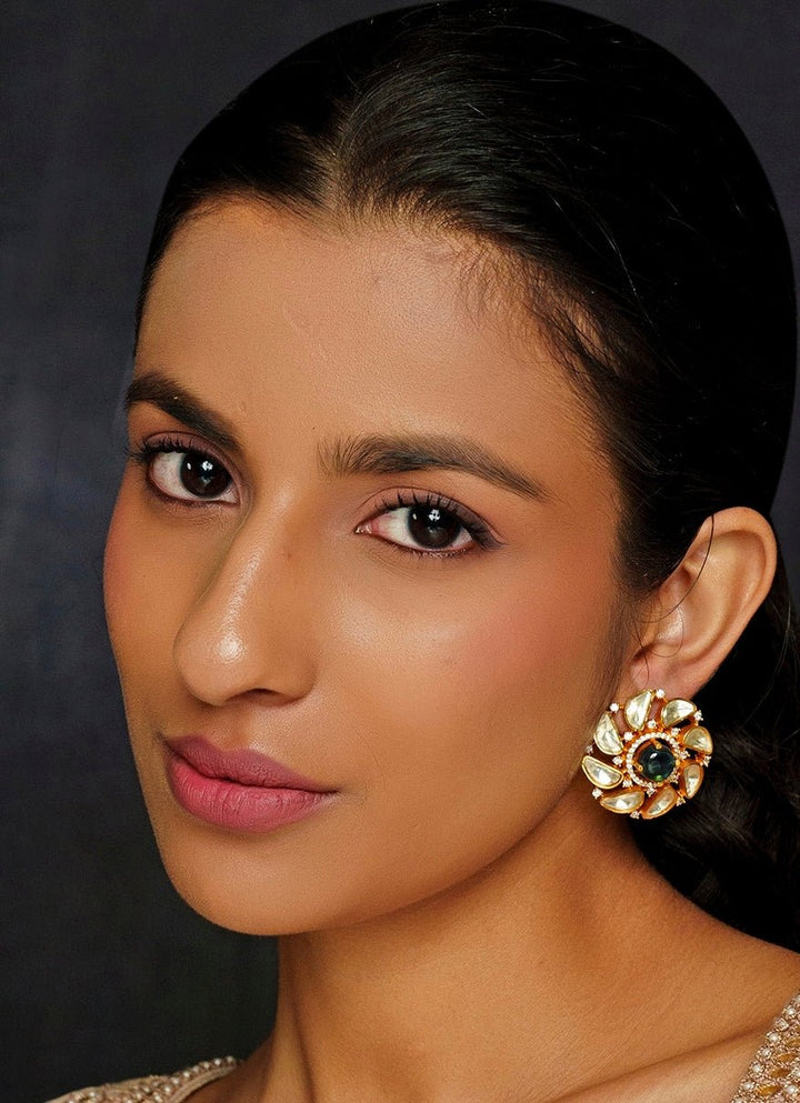 Gold Finish Moissanite And Green Stone Stud Earrings Zevar By Geeta - Fabilicious Fashion