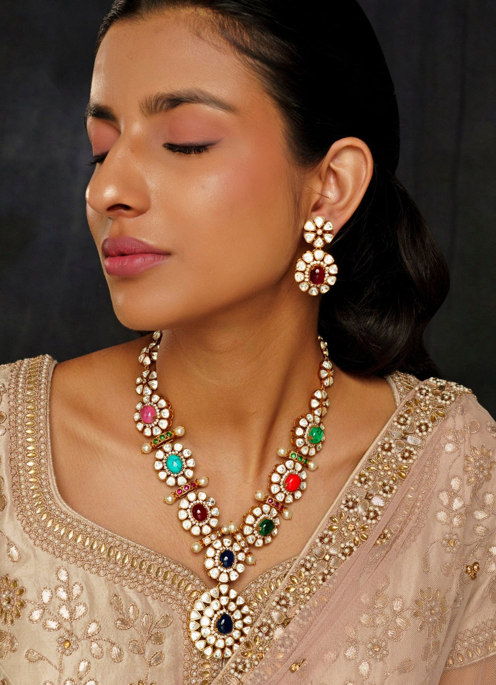 Gold Finish Moissanite And Navratan Multicolor Necklace Set Zevar By Geeta - Fabilicious Fashion