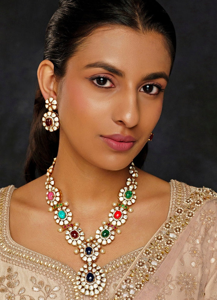 Gold Finish Moissanite And Navratan Multicolor Necklace Set Zevar By Geeta - Fabilicious Fashion