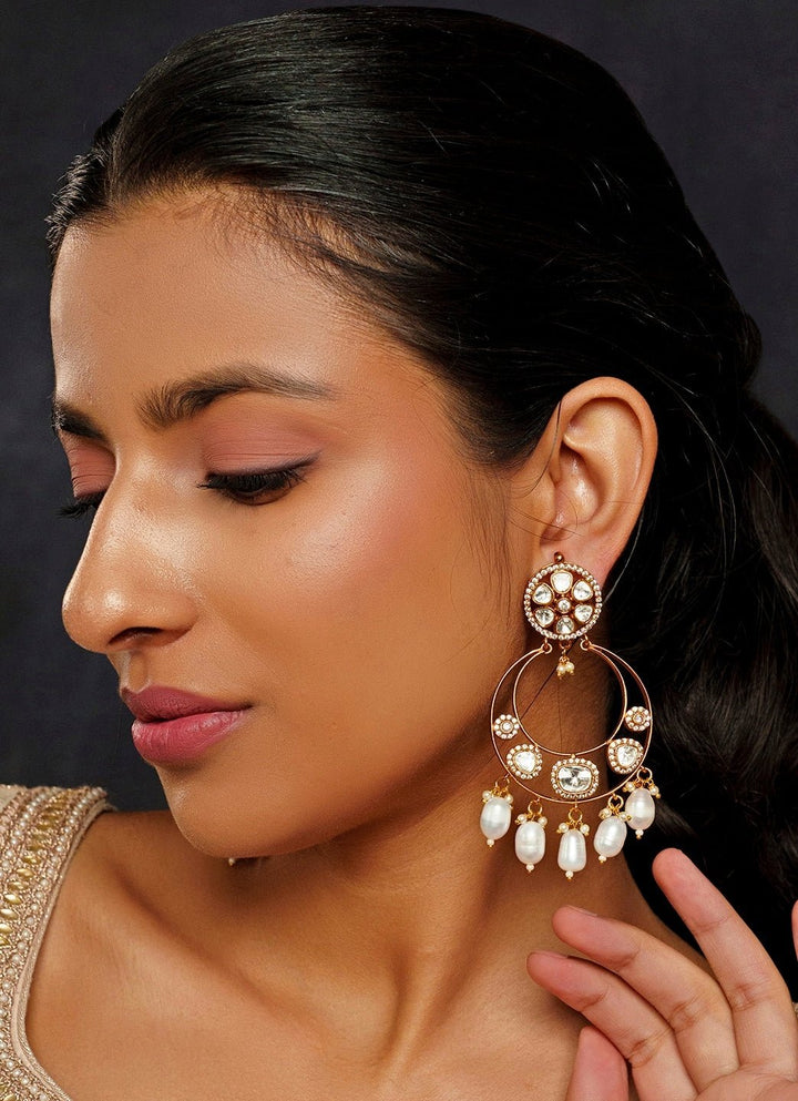 Gold Finish Moissanite And Pearl Earrings Zevar By Geeta - Fabilicious Fashion
