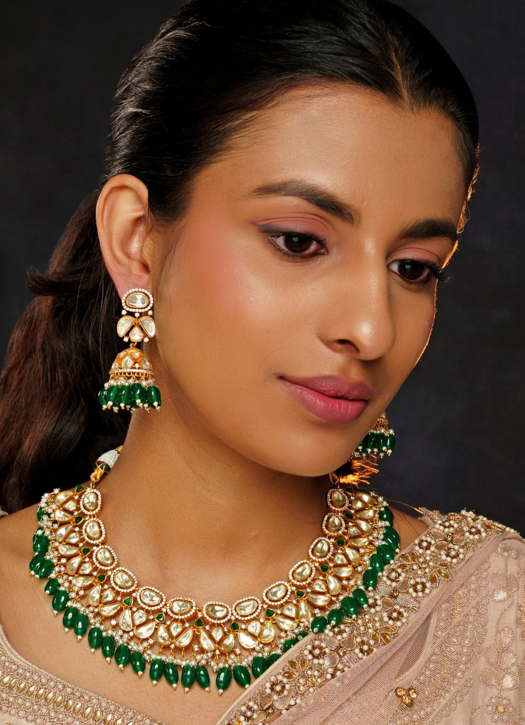 Gold Finish Moissanite And Pearl Green Necklace Set Zevar By Geeta - Fabilicious Fashion