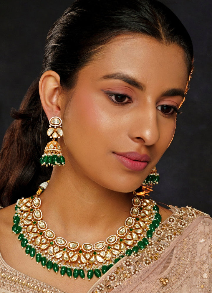 Gold Finish Moissanite And Pearl Green Necklace Set Zevar By Geeta - Fabilicious Fashion