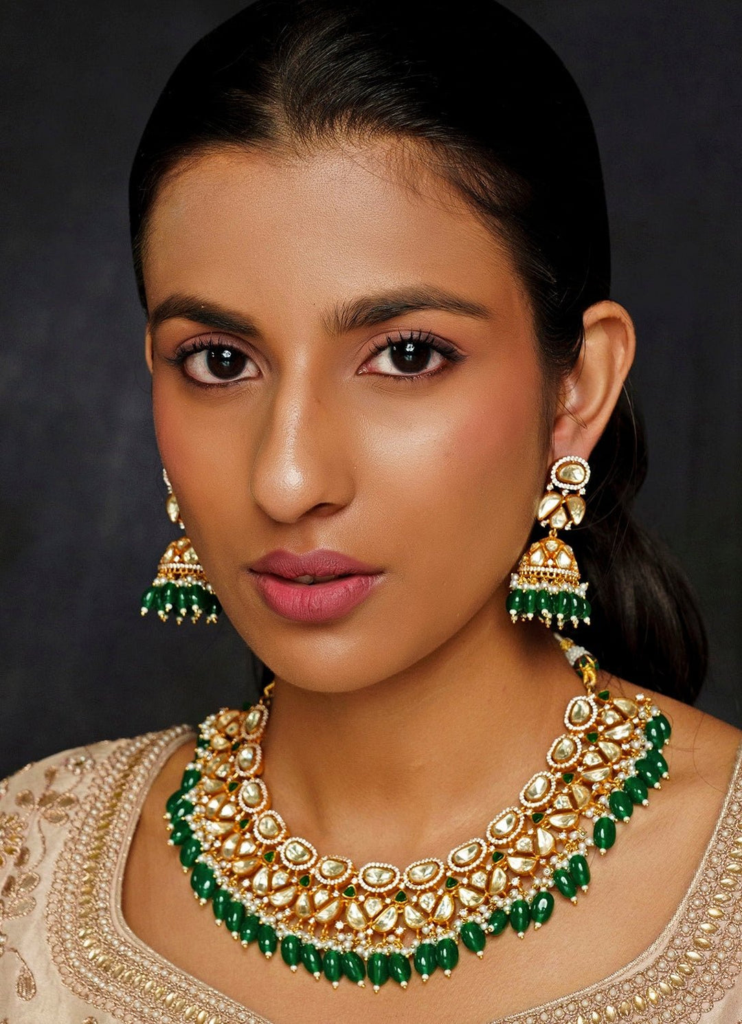 Gold Finish Moissanite And Pearl Green Necklace Set Zevar By Geeta - Fabilicious Fashion