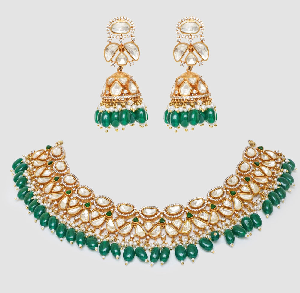 Gold Finish Moissanite And Pearl Green Necklace Set Zevar By Geeta - Fabilicious Fashion
