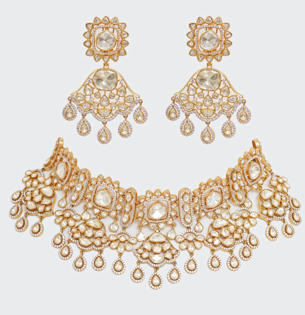 Gold Finish Moissanite And Pearl Necklace Set. Zevar By Geeta - Fabilicious Fashion