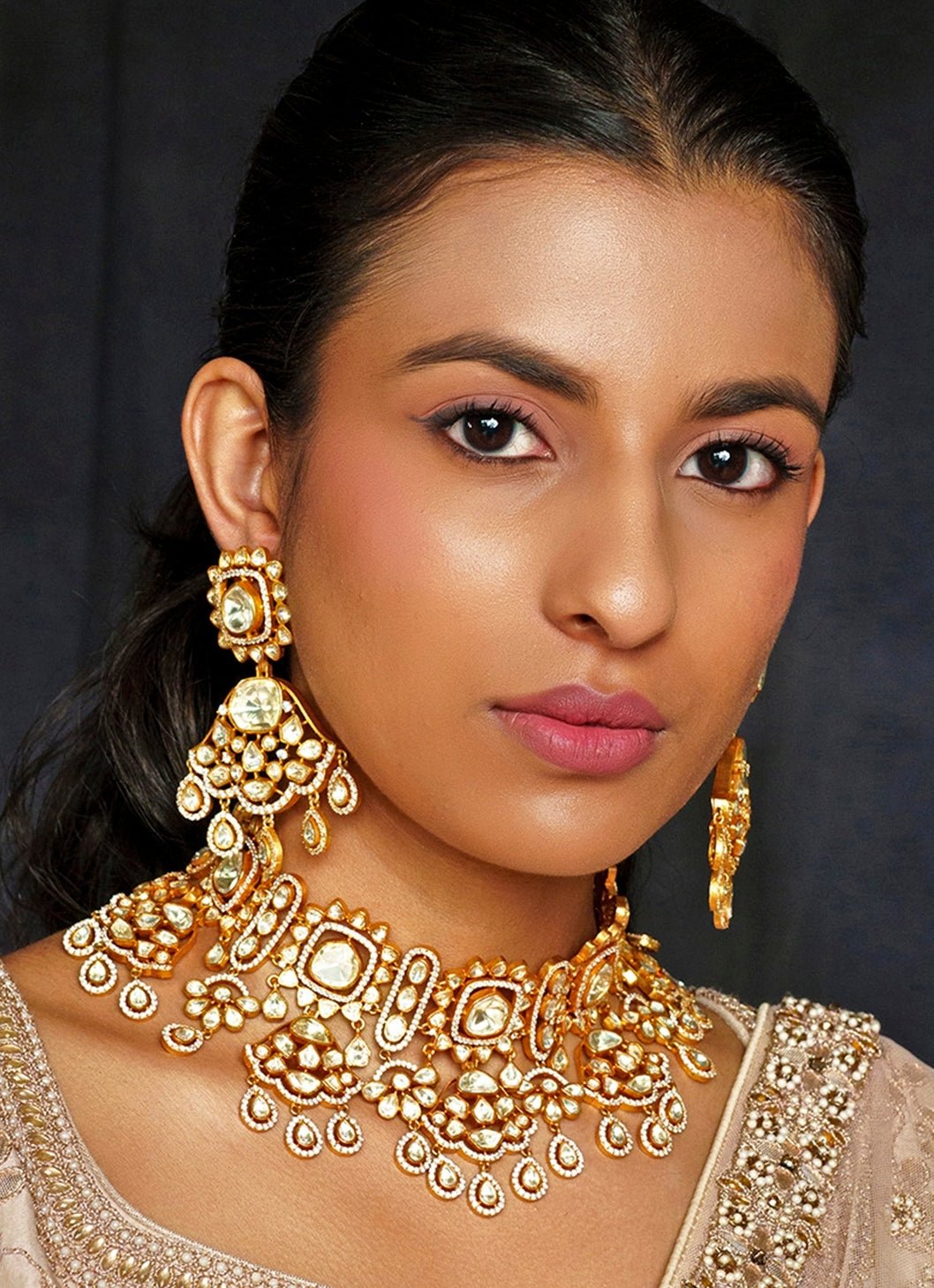 Gold Finish Moissanite And Pearl Necklace Set. Zevar By Geeta - Fabilicious Fashion
