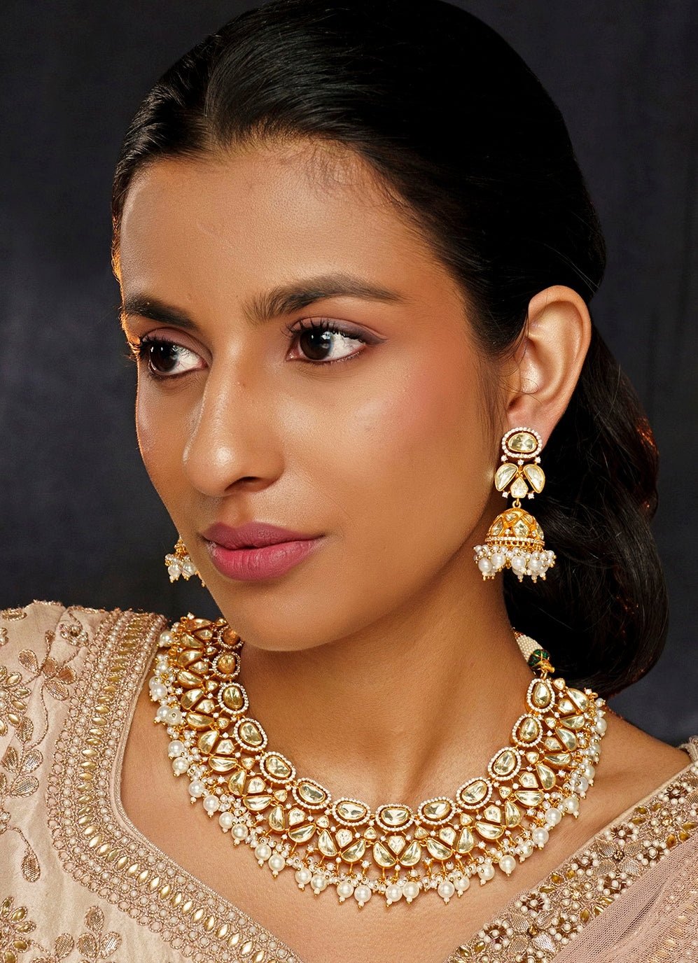 Gold Finish Moissanite And Pearl Necklace Set Zevar By Geeta - Fabilicious Fashion