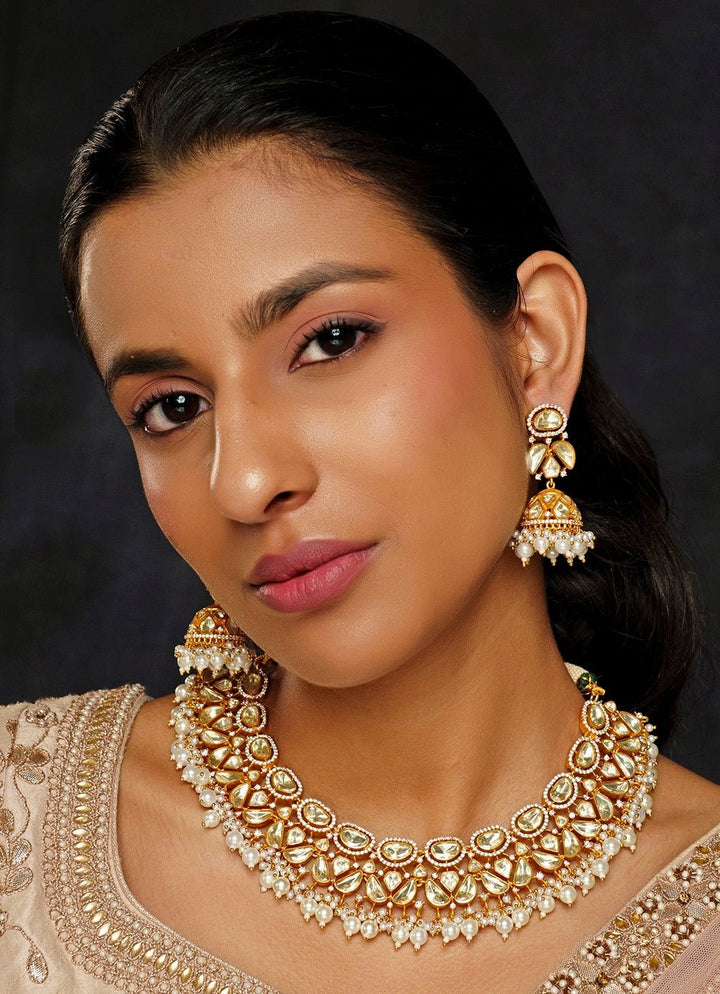 Gold Finish Moissanite And Pearl Necklace Set Zevar By Geeta - Fabilicious Fashion