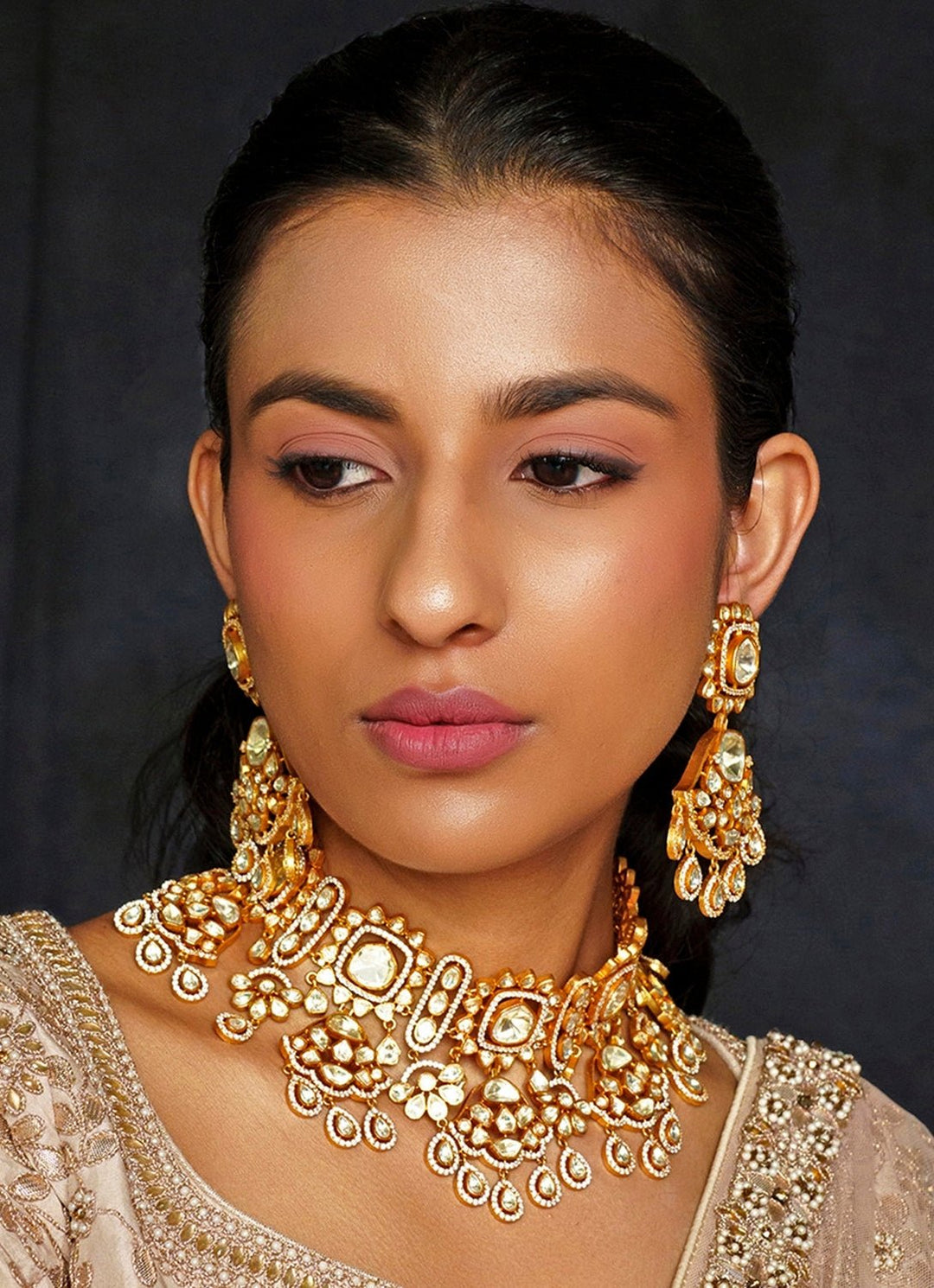 Gold Finish Moissanite And Pearl Necklace Set. Zevar By Geeta - Fabilicious Fashion