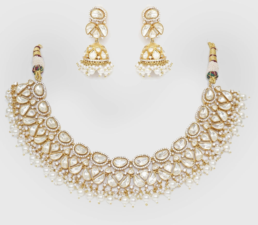 Gold Finish Moissanite And Pearl Necklace Set Zevar By Geeta - Fabilicious Fashion