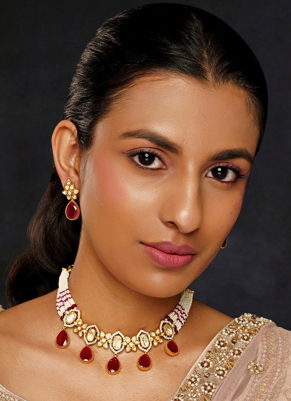 Gold Finish Moissanite And Red Stone Choker Set Zevar By Geeta - Fabilicious Fashion