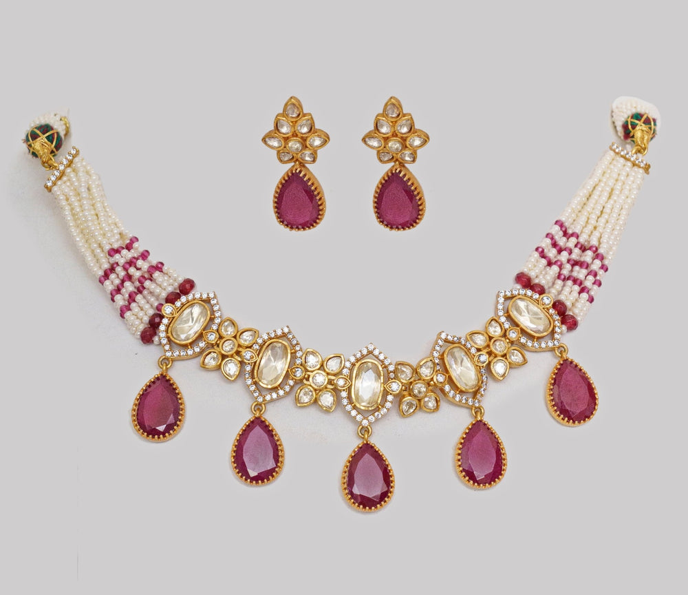 Gold Finish Moissanite And Red Stone Choker Set Zevar By Geeta - Fabilicious Fashion