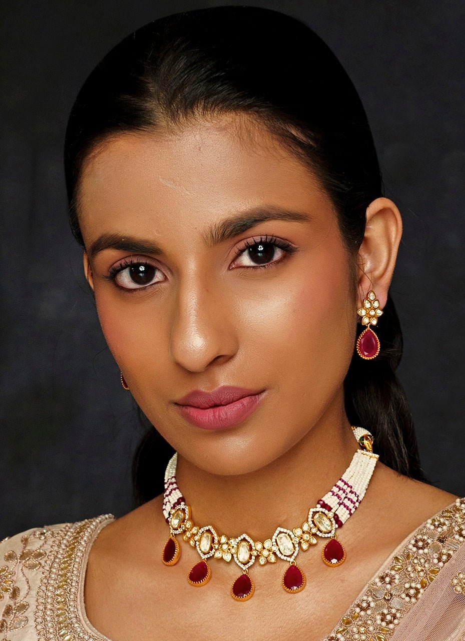 Gold Finish Moissanite And Red Stone Choker Set Zevar By Geeta - Fabilicious Fashion