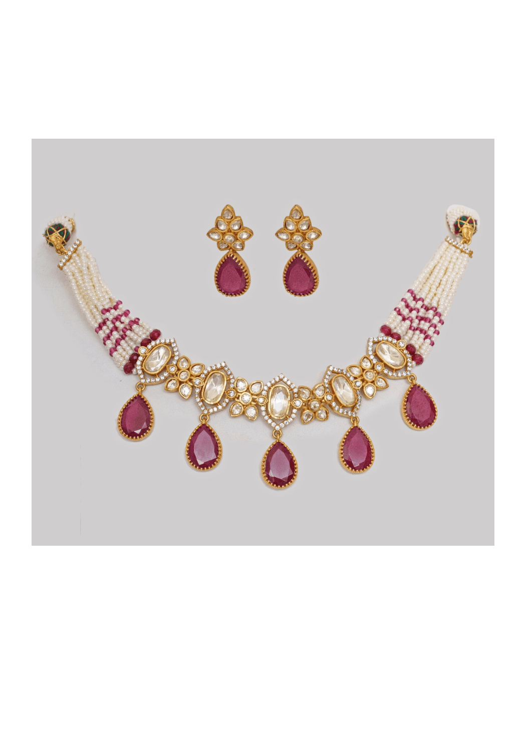Gold Finish Moissanite And Red Stone Choker Set Zevar by Geeta - Fabilicious Fashion