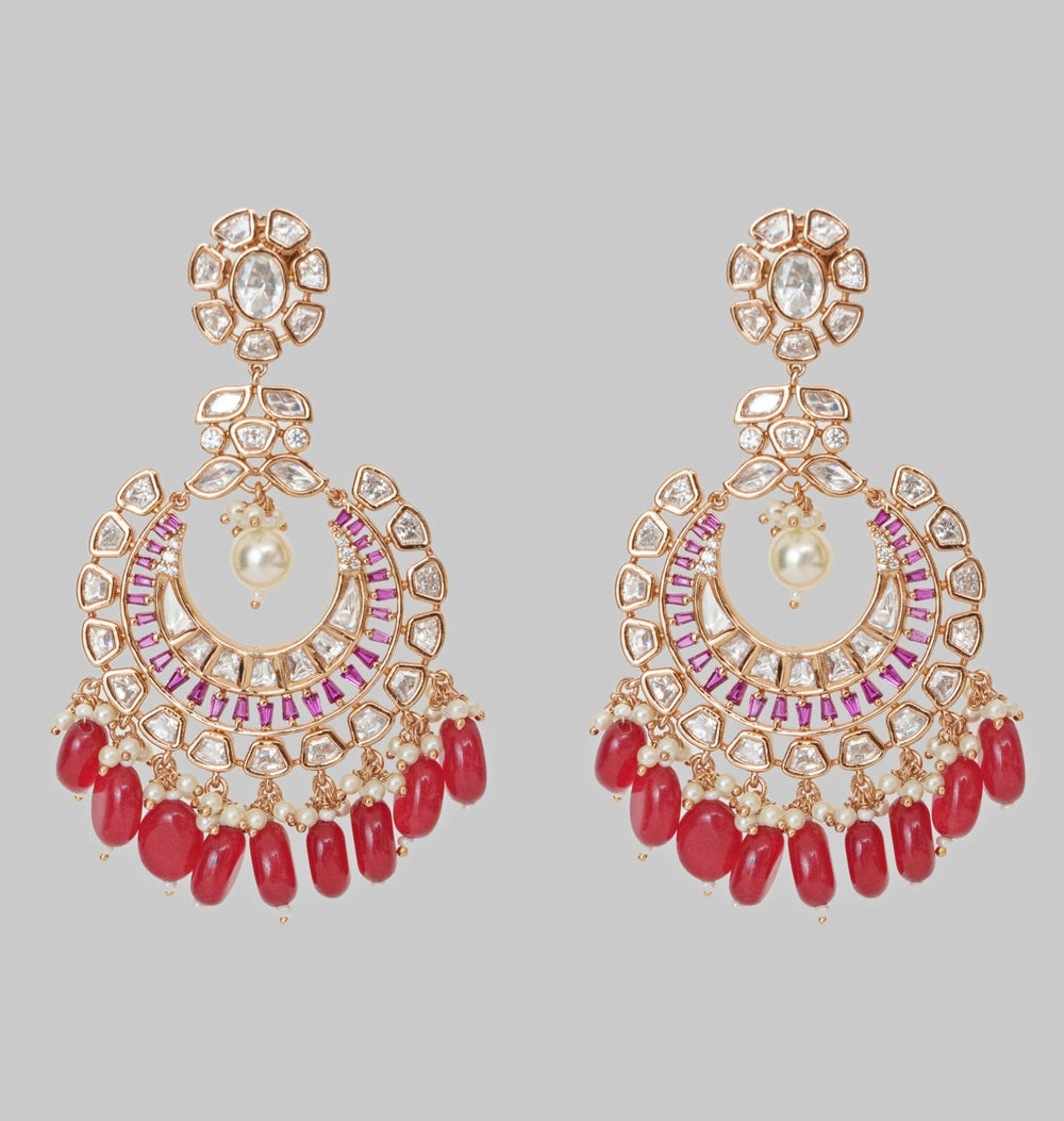 Gold Finish Moissanite And Red Stone Earrings Zevar By Geeta - Fabilicious Fashion