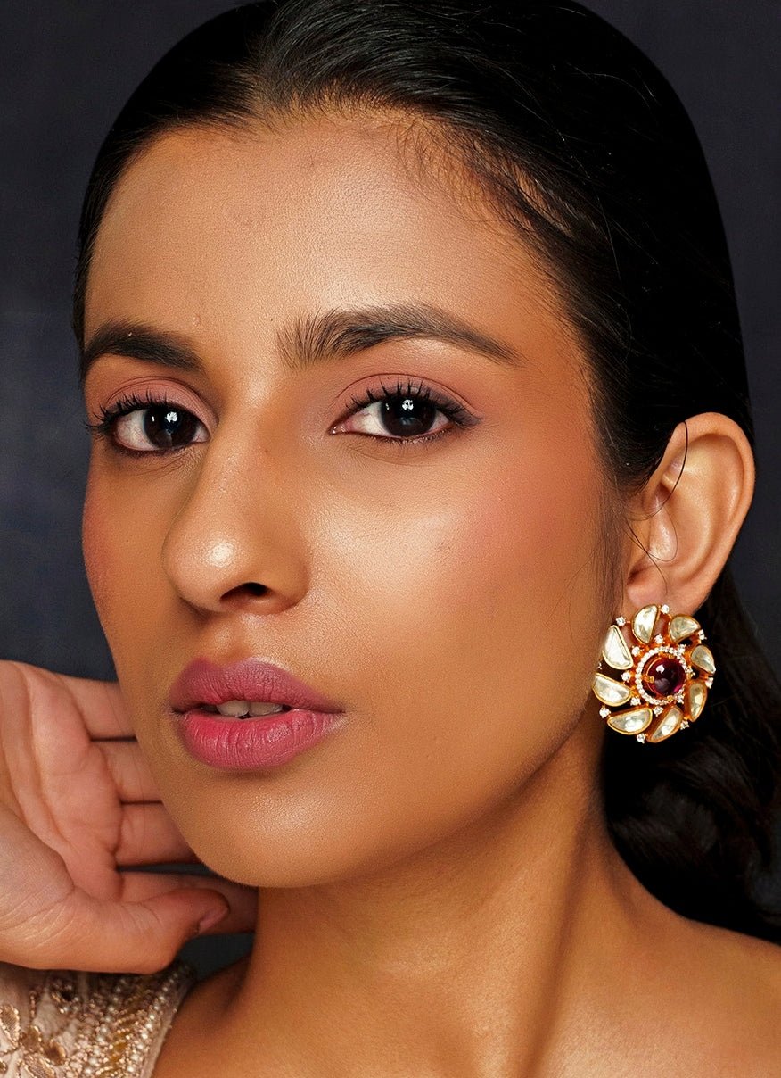 Gold Finish Moissanite And Red Stone Stud Earrings Zevar By Geeta - Fabilicious Fashion
