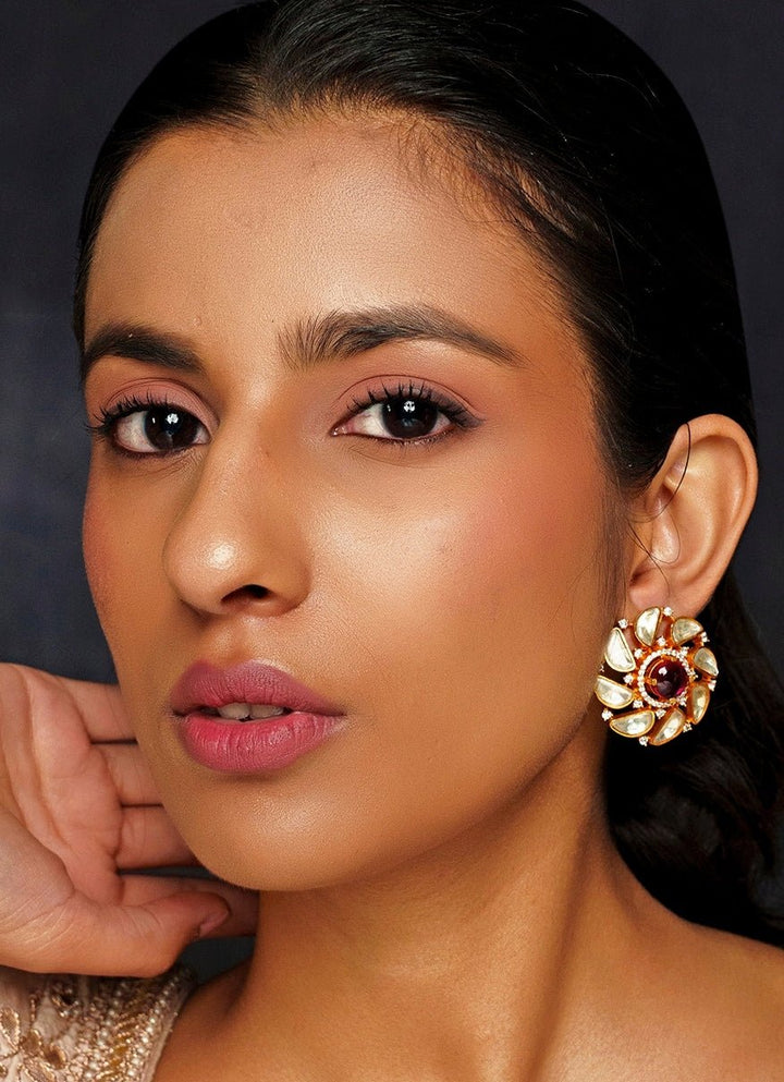 Gold Finish Moissanite And Red Stone Stud Earrings Zevar By Geeta - Fabilicious Fashion