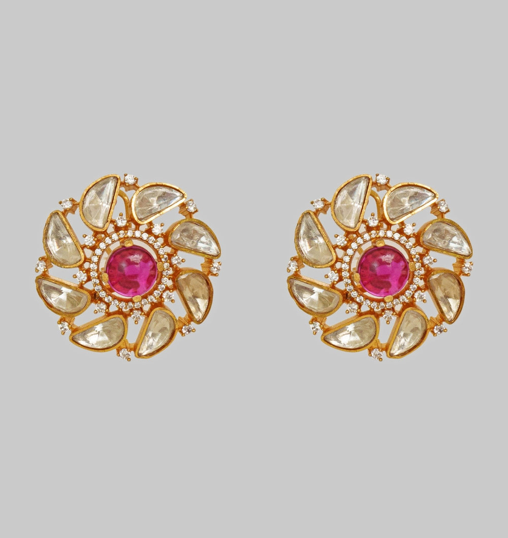 Gold Finish Moissanite And Red Stone Stud Earrings Zevar By Geeta - Fabilicious Fashion