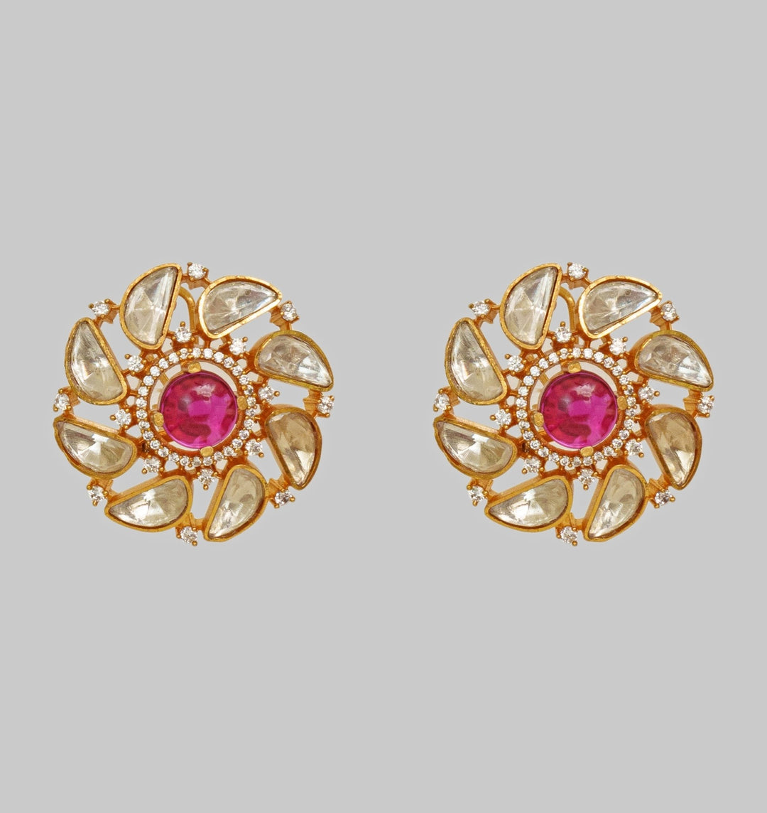 Gold Finish Moissanite And Red Stone Stud Earrings Zevar By Geeta - Fabilicious Fashion