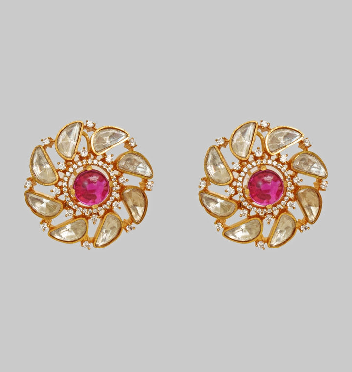 Gold Finish Moissanite And Red Stone Stud Earrings Zevar By Geeta - Fabilicious Fashion