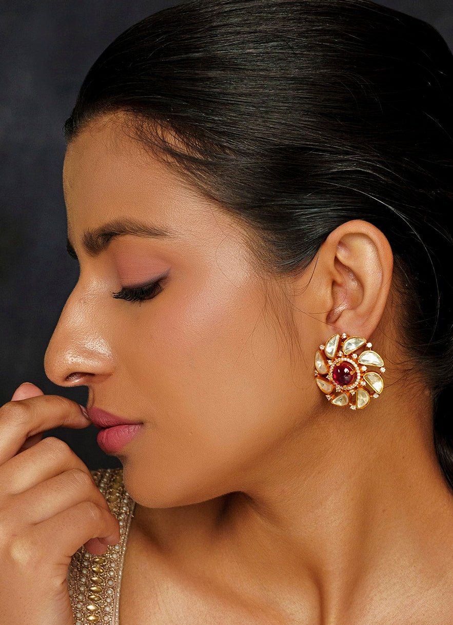 Gold Finish Moissanite And Red Stone Stud Earrings Zevar By Geeta - Fabilicious Fashion