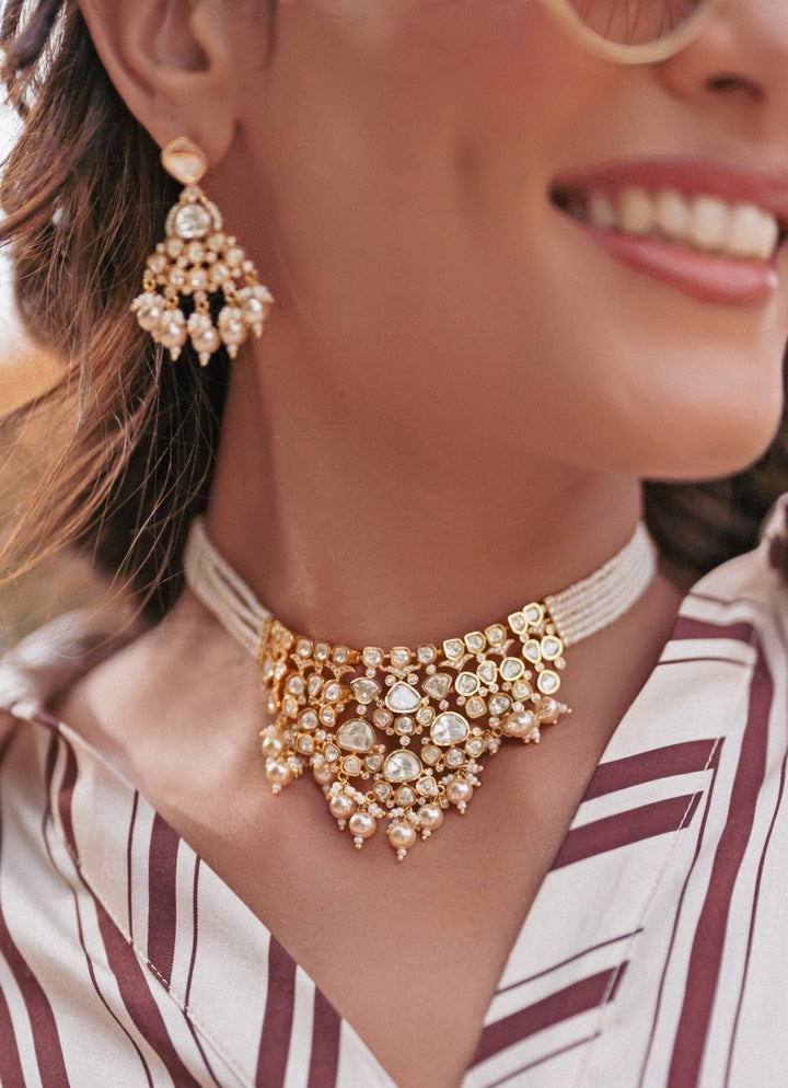 Gold Finish Moissanite Choker Set Zevar by Geeta - Fabilicious Fashion
