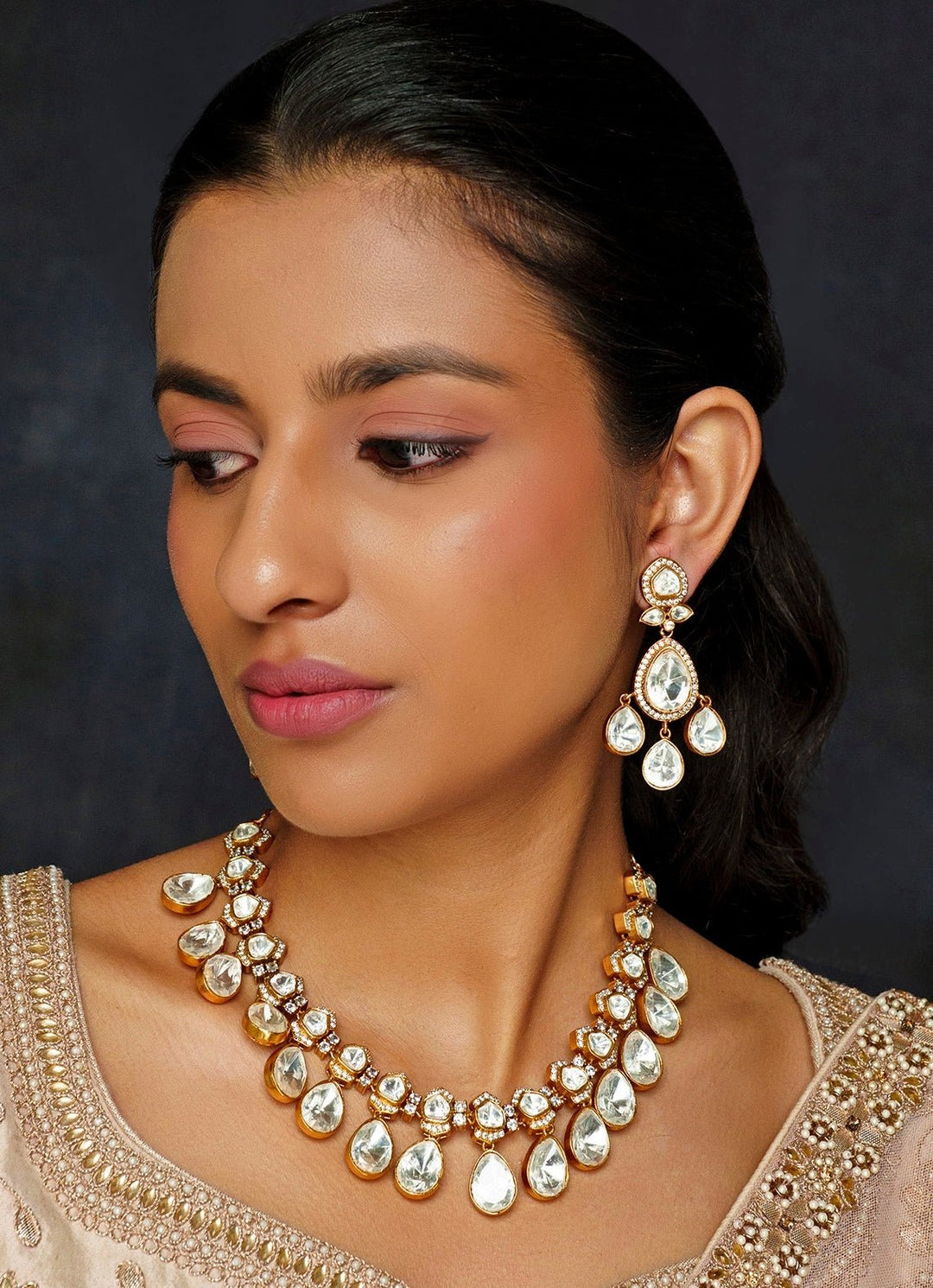 Gold Finish Moissanite Drop Necklace Set Zevar By Geeta - Fabilicious Fashion