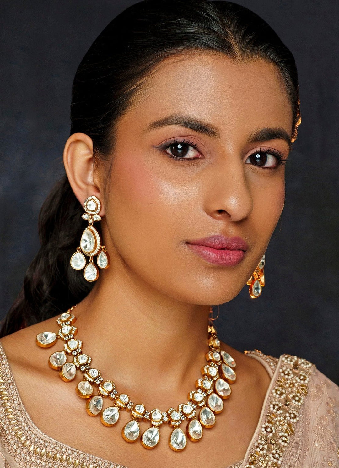 Gold Finish Moissanite Drop Necklace Set Zevar By Geeta - Fabilicious Fashion