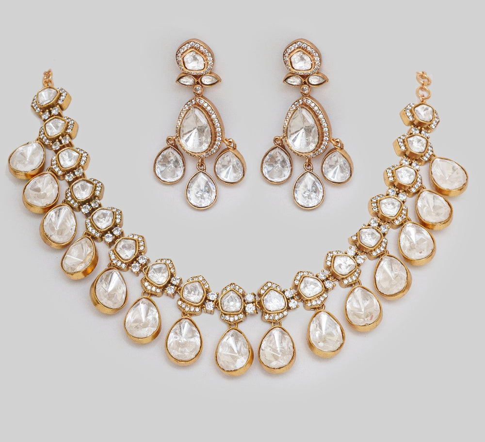 Gold Finish Moissanite Drop Necklace Set Zevar By Geeta - Fabilicious Fashion