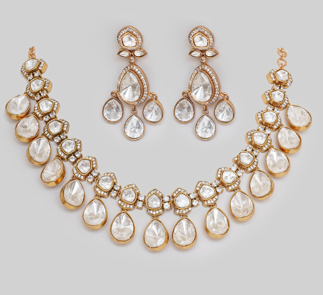 Gold Finish Moissanite Drop Necklace Set Zevar By Geeta - Fabilicious Fashion