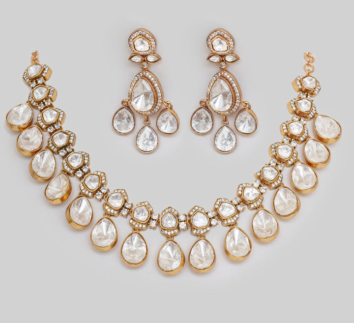 Gold Finish Moissanite Drop Necklace Set Zevar By Geeta - Fabilicious Fashion