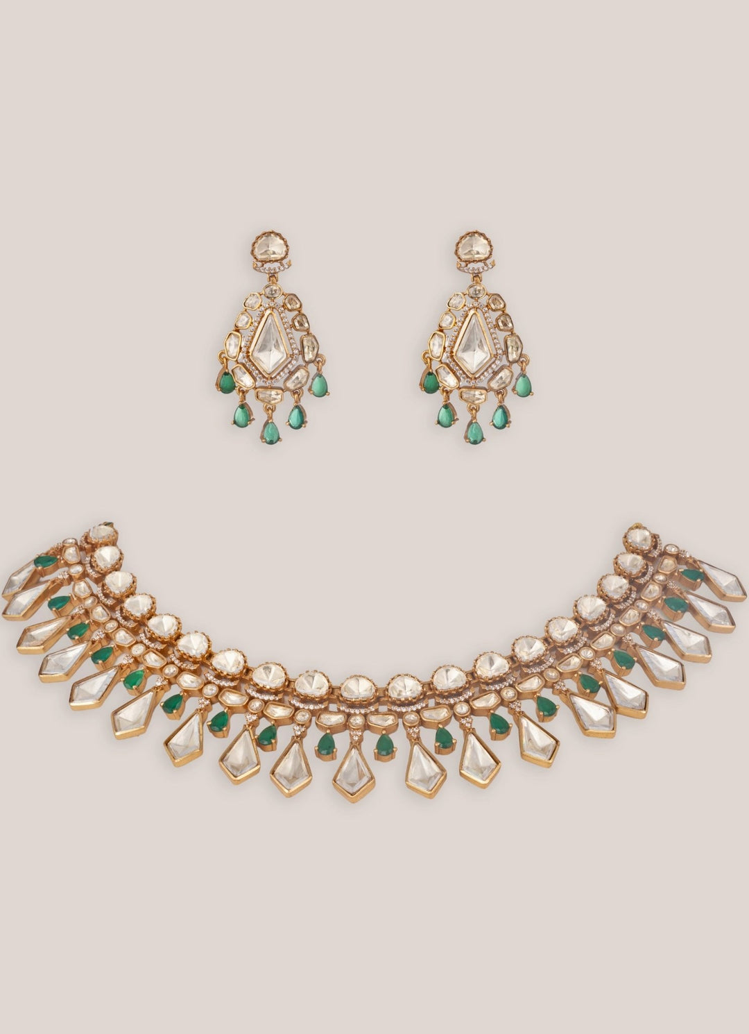 Gold Finish Moissanite Green Stone Necklace Set Zevar by Geeta - Fabilicious Fashion