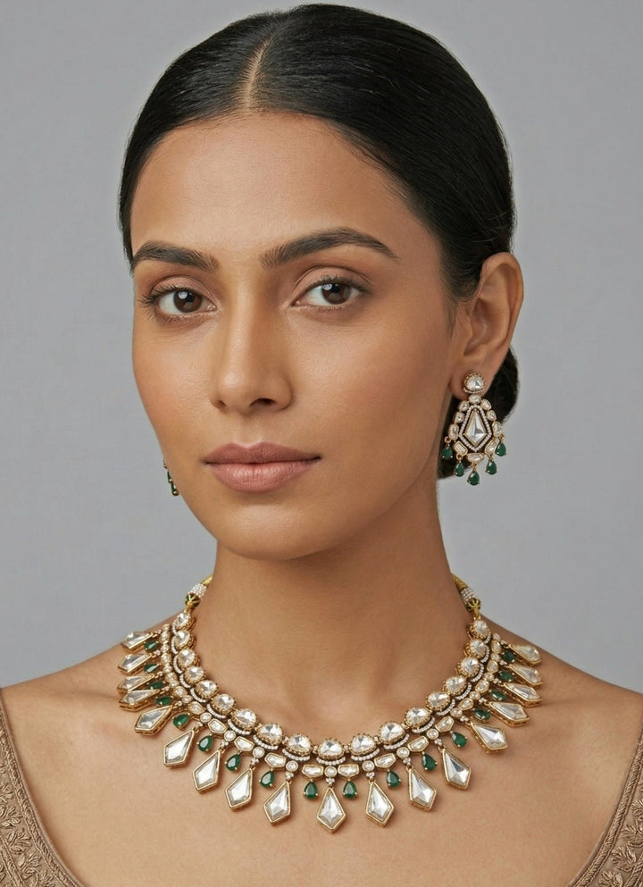 Gold Finish Moissanite Green Stone Necklace Set Zevar by Geeta - Fabilicious Fashion