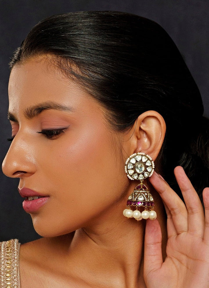 Gold Finish Moissanite Jhumki Earrings Zevar By Geeta - Fabilicious Fashion