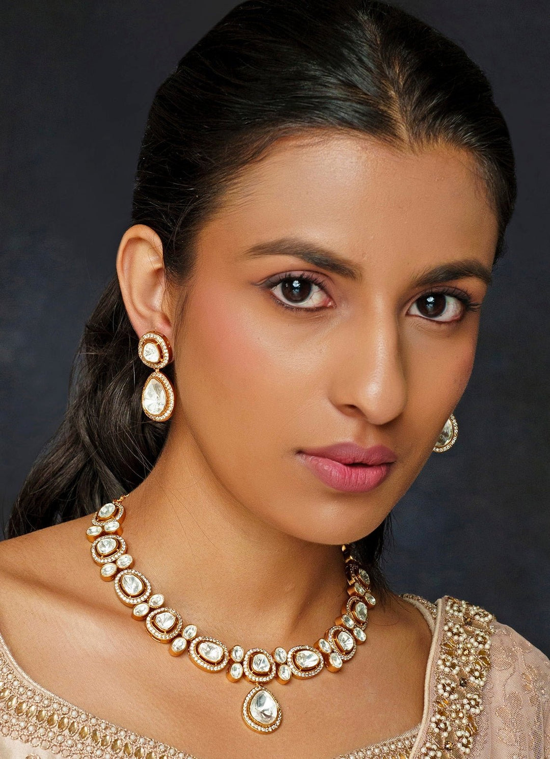 Gold Finish Moissanite Necklace Set Zevar By Geeta - Fabilicious Fashion